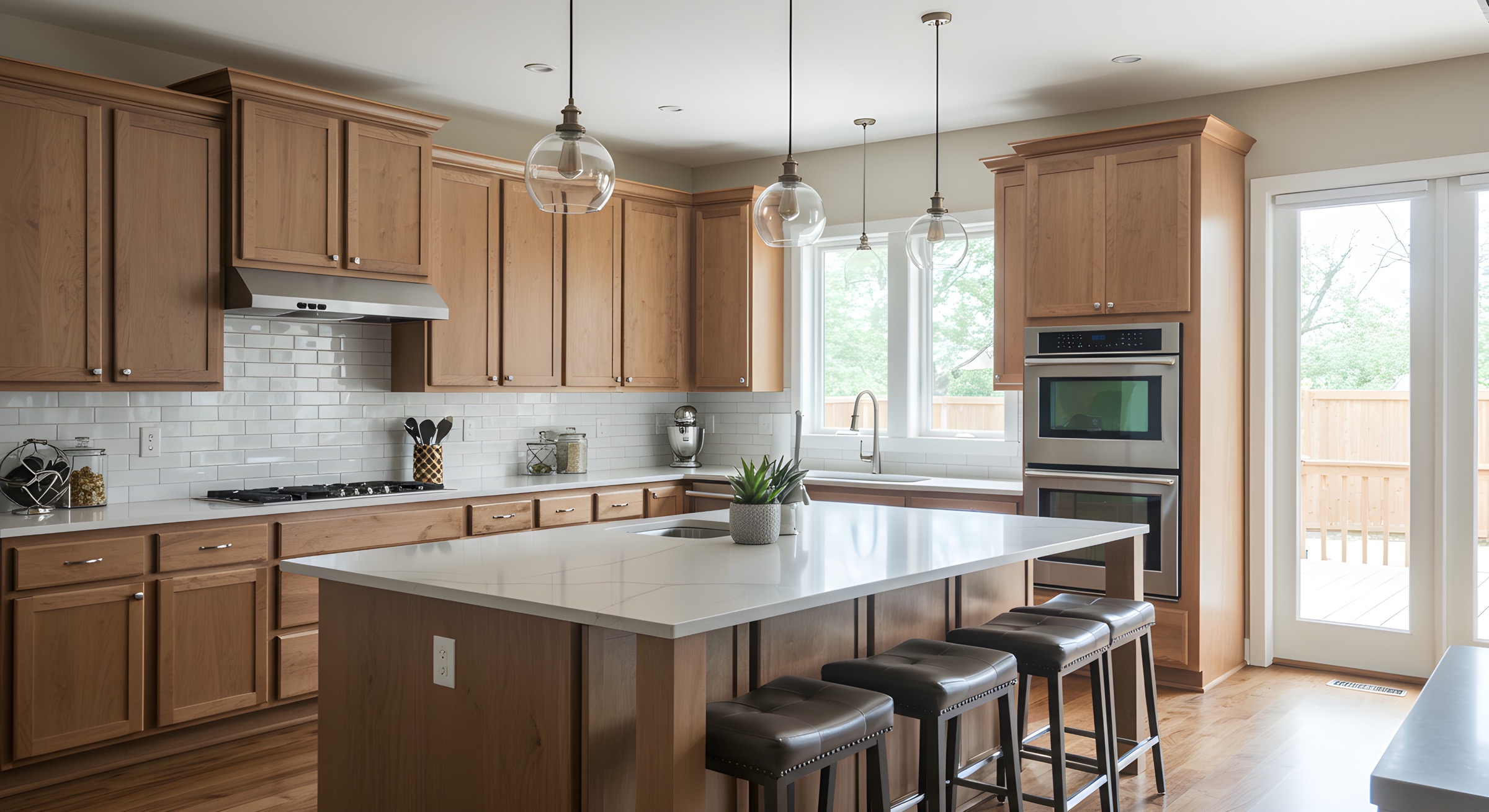 A warm, spotless kitchen with wood cabinets, a marble island and pendant lights